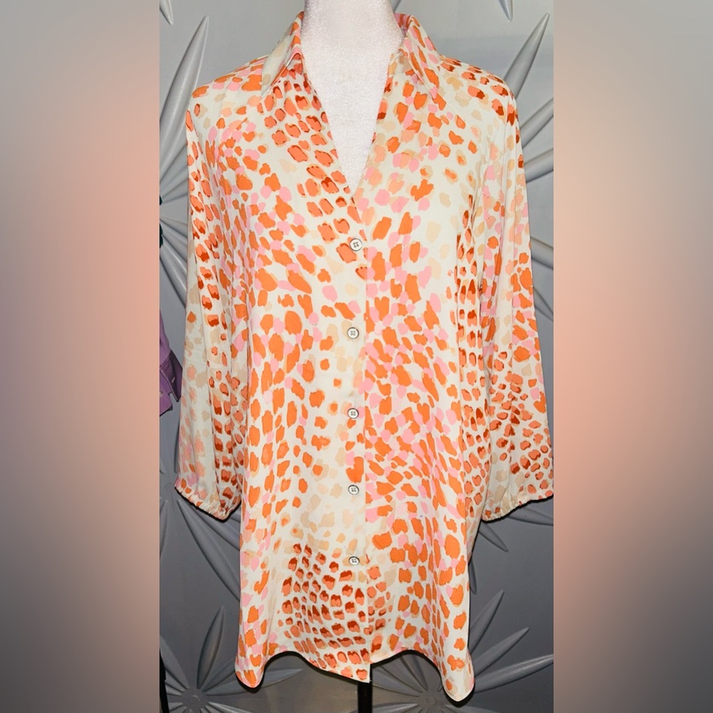 CAbi Orange Pink Dot Print Button-Down Blouse